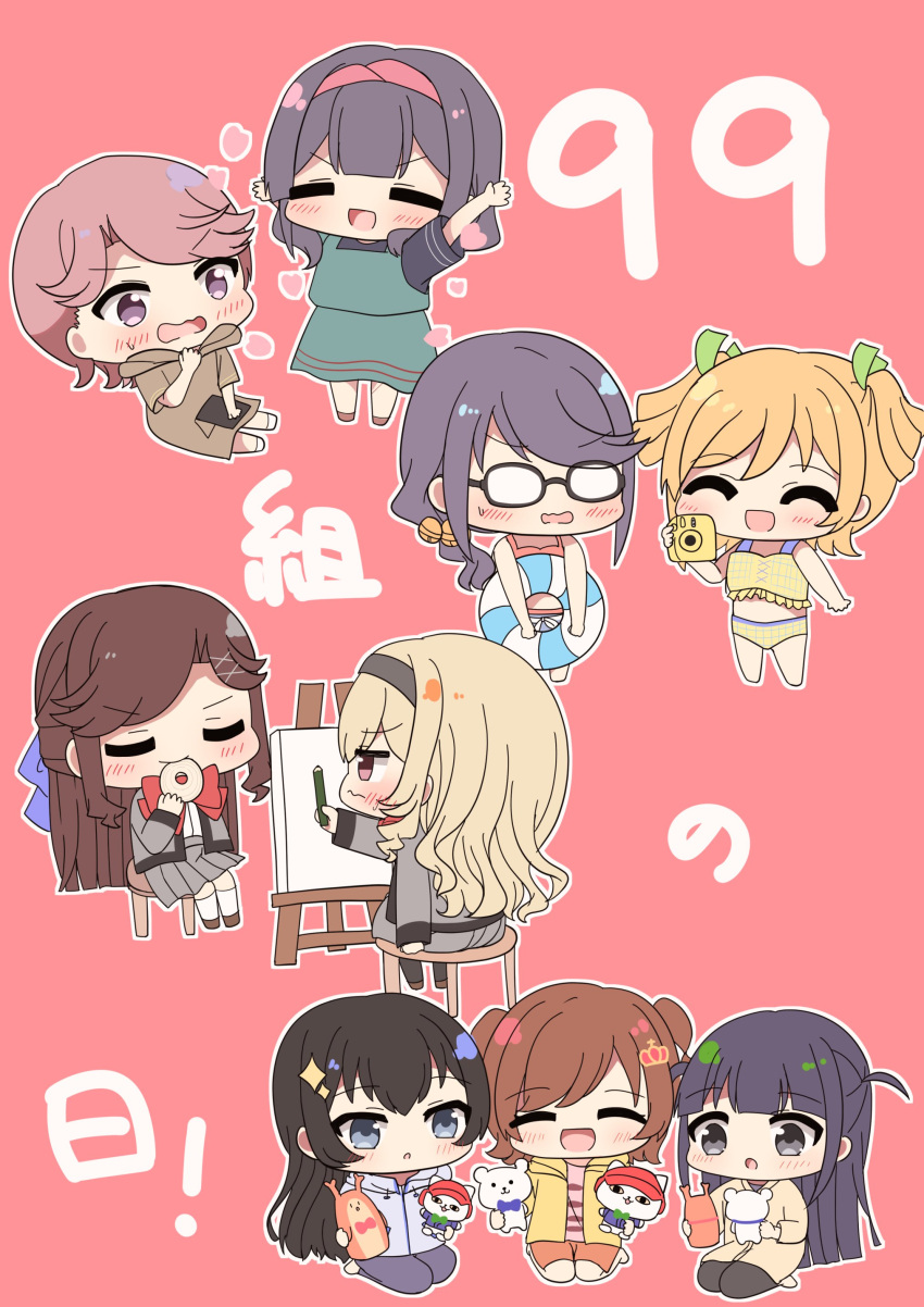 6+girls :d :o =_= ^_^ absurdres aijou_karen arm_at_side arms_up bare_arms bare_legs bare_shoulders barefoot baumkuchen bell bikini black-framed_eyewear black_hair black_pants black_pantyhose black_shirt blonde_hair blue_bikini blue_eyes blunt_ends blush bow brown_footwear brown_hair brown_hoodie brown_jacket camera canvas_(object) chibi closed_eyes commentary_request crown_hair_ornament daiba_nana date_pun dress easel eating food food_in_mouth frilled_bikini frills full_body glasses green_dress green_ribbons grey_jacket grey_skirt hair_bell hair_ornament hair_ribbon hairband hairclip half_updo hanayagi_kaoruko hand_up highres holding holding_camera holding_food holding_pencil holding_stuffed_toy holding_swim_ring hood hood_down hoodie hoshimi_junna innertube isurugi_futaba jacket jingle_bell kagura_hikari kneehighs long_hair looking_at_another looking_at_object low_ponytail miniskirt multiple_girls number_pun official_alternate_costume on_stool opaque_glasses open_clothes open_jacket open_mouth orange_shorts outstretched_arms pants pantyhose parted_lips pencil pinafore_dress pink_eyes pink_hair pink_shirt plaid_bikini plaid_clothes pleated_skirt purple_bow purple_eyes red_background red_bikini red_bow red_hairband ribbon ringopai315 saijou_claudine school_uniform seishou_music_academy_uniform seiza shirt shoes short_hair short_sleeves short_twintails shorts shoujo_kageki_revue_starlight side_ponytail simple_background sitting skirt sleeveless sleeveless_dress smile socks sparkle_hair_ornament standing stool stuffed_animal stuffed_cat stuffed_toy sweatdrop swim_ring swimsuit teddy_bear tendou_maya translation_request tsuyuzaki_mahiru twintails two_side_up v-shaped_eyebrows wavy_mouth white_footwear white_shirt white_socks x_hair_ornament yellow_bikini yellow_jacket