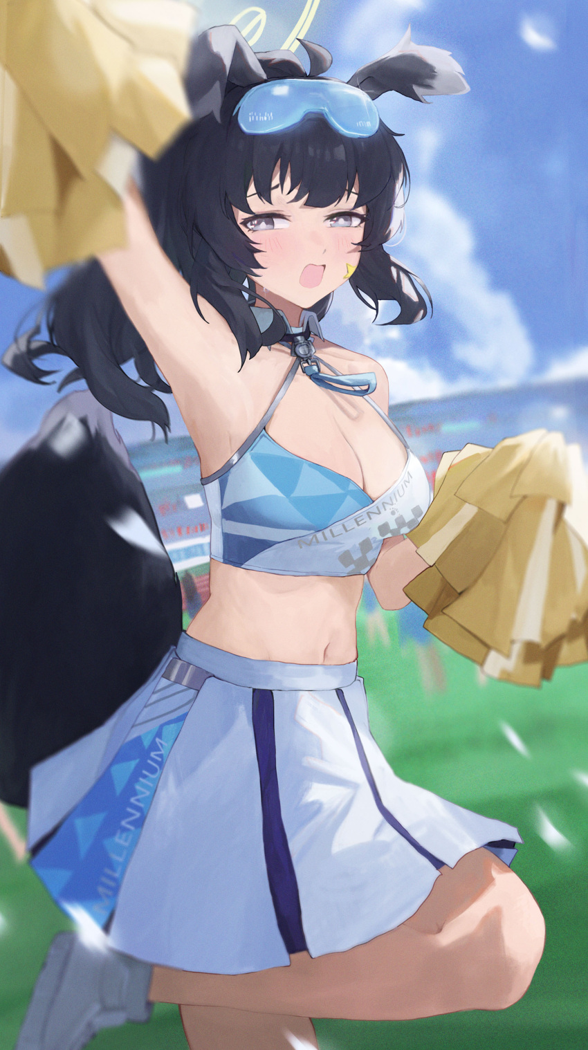 absurdres animal_ears arm_up black_hair blue_archive blue_sky blurry blush breasts cheerleader cleavage cloud commentary_request depth_of_field dog_ears dog_tail female grey_eyes halo hibiki_(blue_archive) hibiki_(cheer_squad)_(blue_archive) highres holding holding_pom_poms jianjia looking_at_viewer medium_breasts midriff navel open_mouth pom_pom_(cheerleading) ponytail shoes skirt sky solo standing standing_on_one_leg sweat tail white_footwear white_skirt yellow_halo