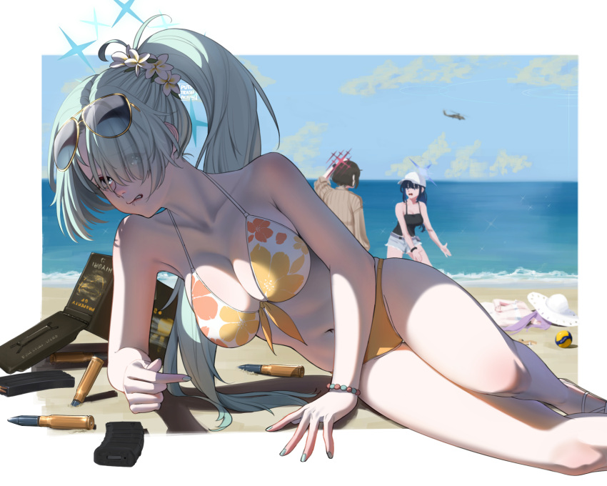 4girls aircraft ammunition_box aqua_hair aqua_nails arius_squad_(blue_archive) artist_name atsuko_(blue_archive) atsuko_(swimsuit)_(blue_archive) beach bikini biting_own_lip blue_archive blue_halo blue_sky border breasts bullet cartridge cleavage cloud collarbone commentary_request day eyewear_on_head fallen_down floral_print flower grey_eyes hair_flower hair_ornament hair_over_one_eye halo helicopter highres hiyori_(blue_archive) hiyori_(swimsuit)_(blue_archive) large_breasts long_hair looking_at_viewer lying magazine_(weapon) misaki_(blue_archive) misaki_(swimsuit)_(blue_archive) multiple_girls nail_polish navel ocean official_alternate_costume on_side open_box orange_bikini outdoors ponytail print_bikini puto_trash rifle_cartridge saori_(blue_archive) saori_(swimsuit)_(blue_archive) sky sunglasses swimsuit tearing_up white_border white_flower