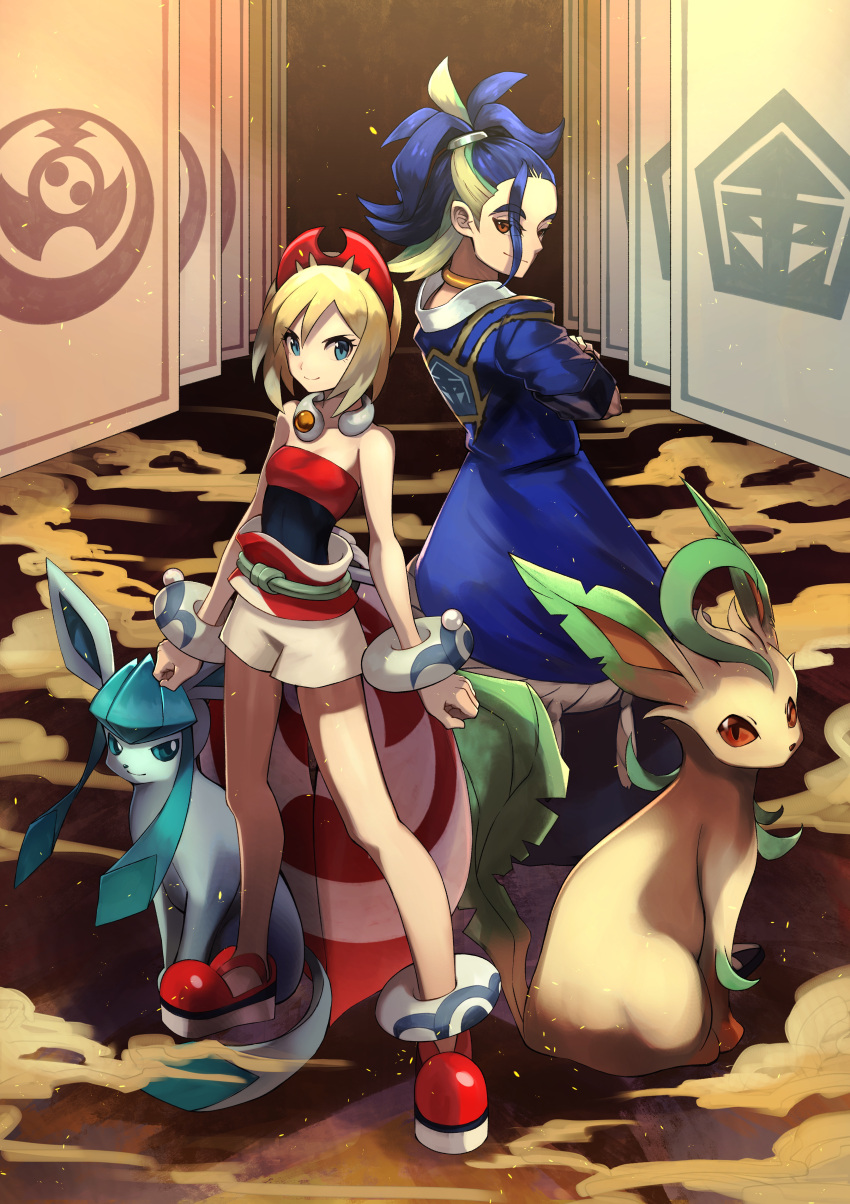 1boy absurdres adaman_(pokemon) anklet back-to-back blonde_hair blue_coat blue_eyes blue_hair bracelet brown_hair closed_mouth coat crossed_arms female full_body glaceon green_hair hairband highres irida_(pokemon) jewelry leafeon long_hair looking_at_viewer multicolored_hair neck_ring pokemon pokemon_(creature) pokemon_legends:_arceus red_hairband red_shirt sash shirt short_hair short_shorts shorts smile standing teo_(telo_ruka) tied_hair