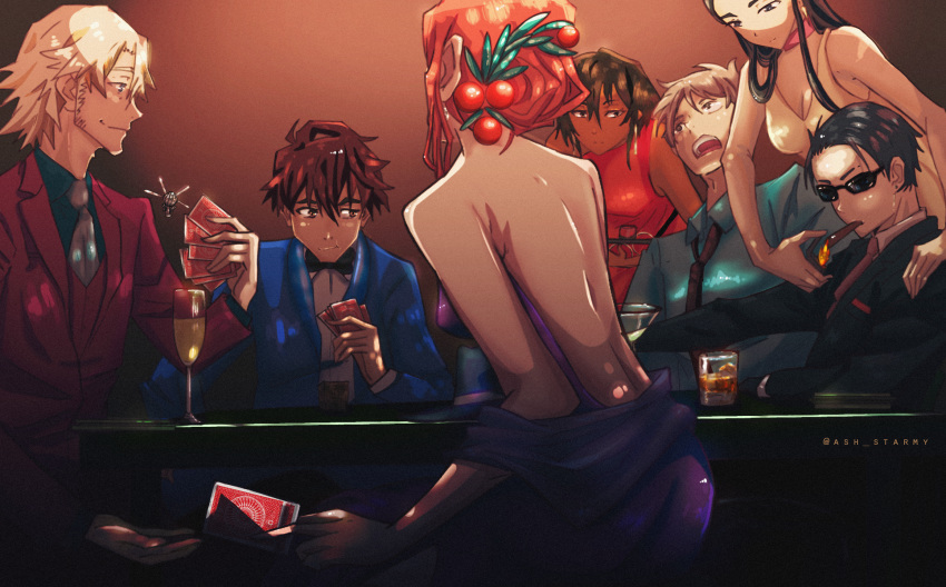 3girls 4boys :o abigail_jones alcohol artist_name ash_starmy bare_back bare_shoulders black_hair black_suit blue_shirt blue_suit bow bowtie brown_hair card champagne cheating_(competitive) choker cigar commentary covered_nipples cynthia_moore dark-skinned_female dark_skin dress drone edamura_makoto english_commentary formal fugou_keiji_balance:unlimited gambling great_pretender hair_ornament highres kanbe_daisuke kanbe_suzue katou_haru laurent_thierry lighter multiple_boys multiple_girls necktie no_bra playing_card purple_suit shirt sitting smile standing suit