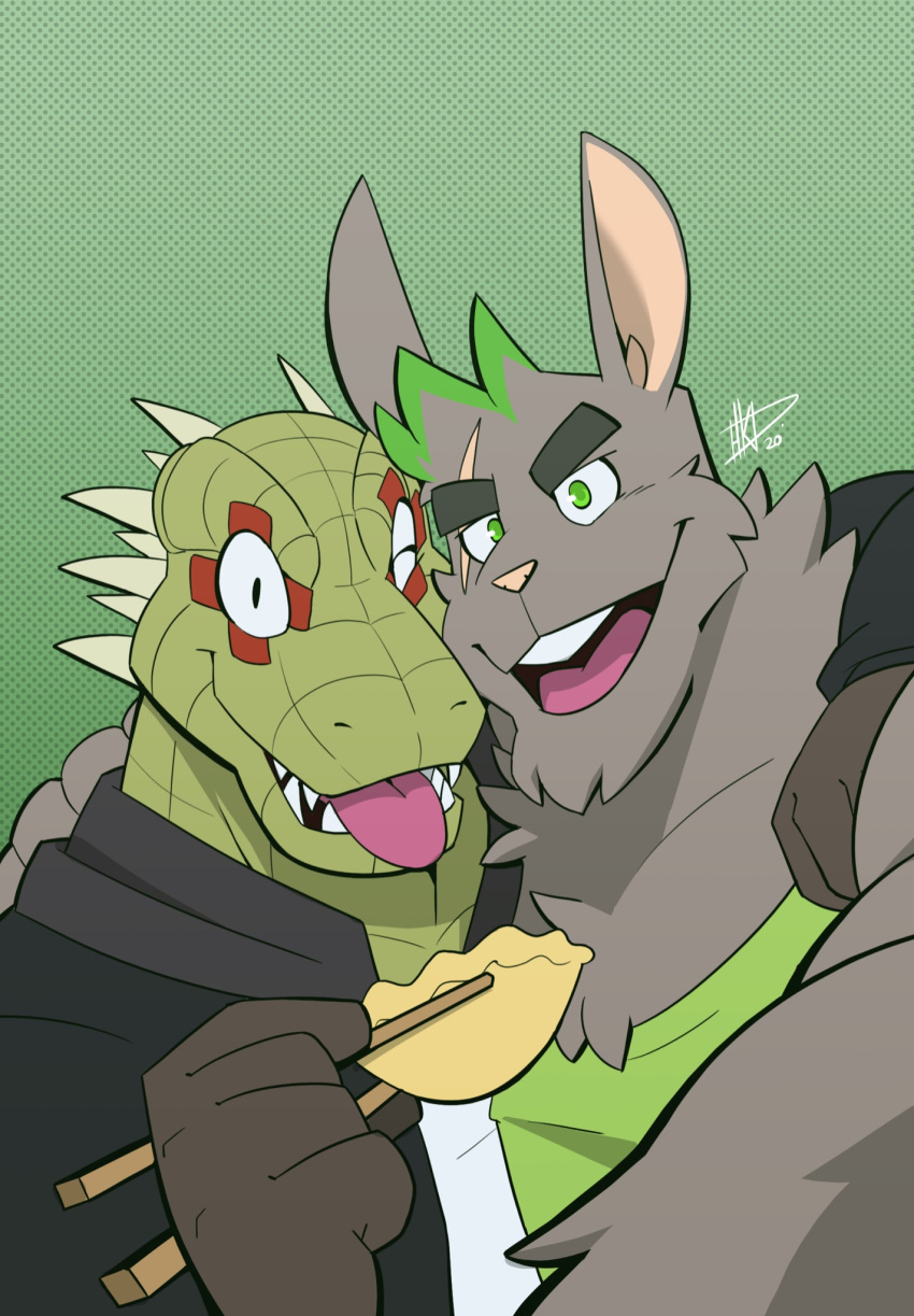 anthro chopsticks clothing dorohedoro duo fur green_background green_body green_clothing green_eyes green_hair green_shirt green_tank_top green_topwear grey_body grey_fur gyoza hair hi_res hikazedragon kaiman_(dorohedoro) lagomorph leporid male mammal open_mouth rabbit reptile scalie shirt simple_background tank_top tongue tongue_out topwear