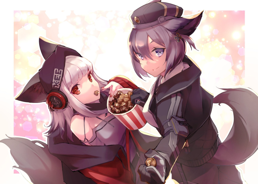 2girls animal_ears arknights arm_at_side beret black_jacket border breasts bucket commentary_request cross_hair_ornament dur-nar_(arknights) dutch_angle e-bushi ears_through_headwear eating food fox_ears fox_girl fox_tail from_side frostleaf_(arknights) hair_between_eyes hair_ornament hairpin hand_up hat head_tilt headphones headphones_over_headwear height_difference hexagon highres jacket light_particles long_hair long_sleeves looking_at_viewer material_growth multiple_girls off-shoulder_shirt off_shoulder oripathy_lesion_(arknights) outstretched_hand oversized_clothes pocket popcorn purple_eyes purple_hair red_eyes red_jacket red_nails scarf shaded_face shirt short_hair sidelocks smile tail white_background white_hair white_shirt woollen_cap