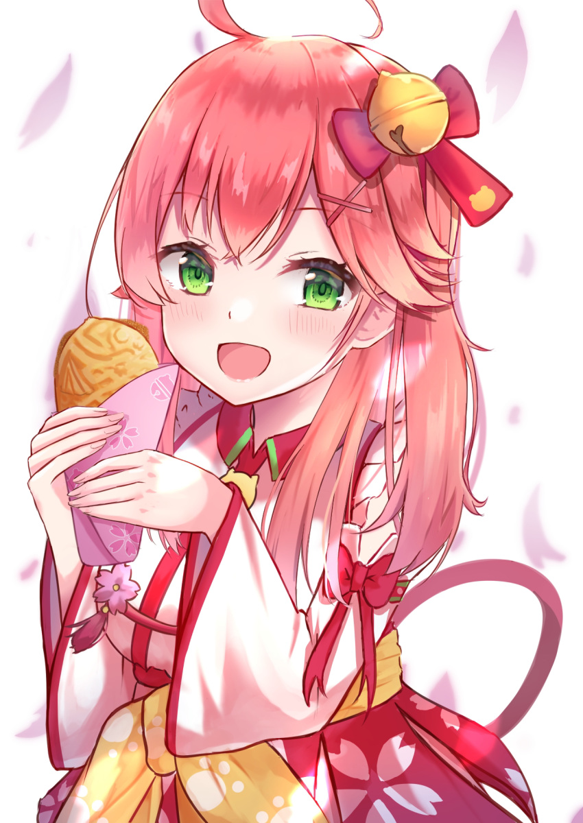 ahoge bell blush cherry_blossom_print female floral_print food green_eyes hair_bell hair_ornament hairclip highres holding holding_food hololive long_hair open_mouth paw_print paw_print_pattern petals pink_hair sakura_miko sakura_miko_(1st_costume) solo taiyaki virtual_youtuber wagashi x_hair_ornament yuzuki4no