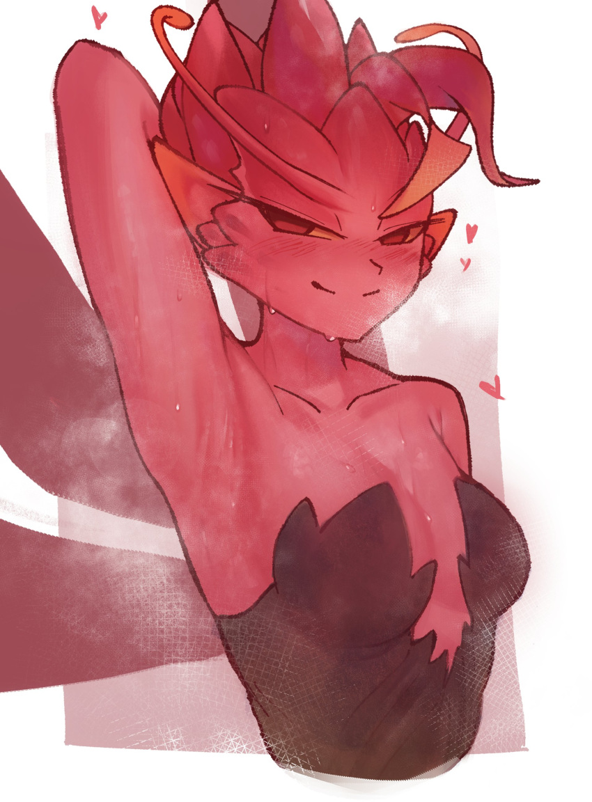 absurdres arm_up armpits blush breasts closed_mouth collarbone colored_skin cropped_torso dark_willow dota_(series) dota_2 female heart highres looking_at_viewer medium_breasts monster_girl pointy_ears red_eyes red_skin shiny_skin short_hair smelly_armpits smile solo sorapoi steam steaming_body sweat sweaty_armpits upper_body white_background wings