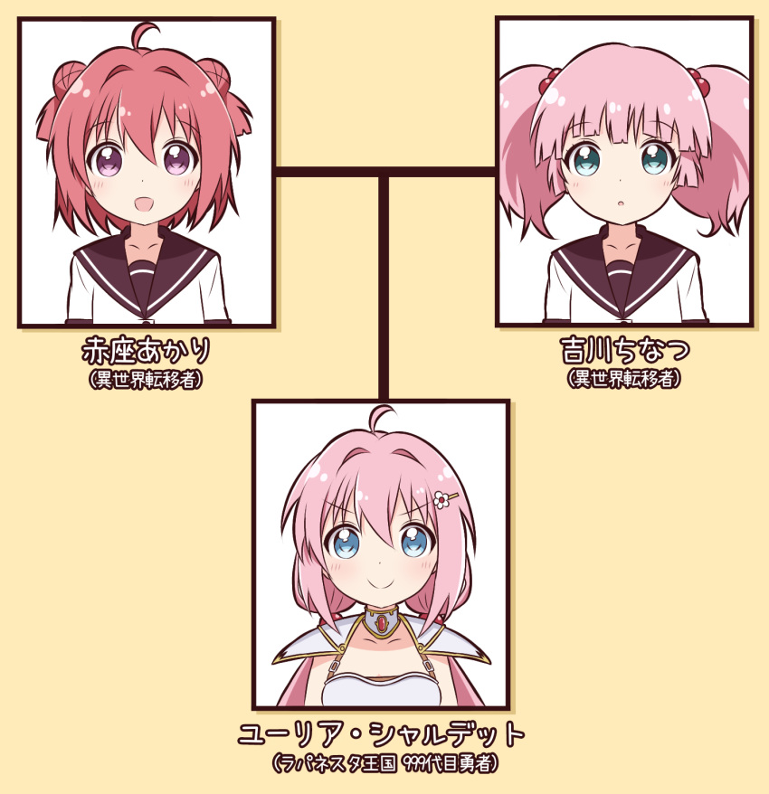 3girls :d :o ahoge akaza_akari armor blue_eyes blunt_bangs blush brown_sailor_collar character_name closed_mouth collar collarbone commentary_request creator_connection crossover dot_nose double_bun endro! family_tree flower goron_(phde2424) green_eyes hair_between_eyes hair_bobbles hair_bun hair_flower hair_ornament hairclip highres jacket long_hair looking_at_viewer low_twintails multiple_girls nanamori_school_uniform open_mouth pink_hair purple_eyes red_hair sailor_collar school_uniform serafuku short_hair shoulder_armor smile translation_request twintails white_jacket yoshikawa_chinatsu yuria_shardet yuru_yuri