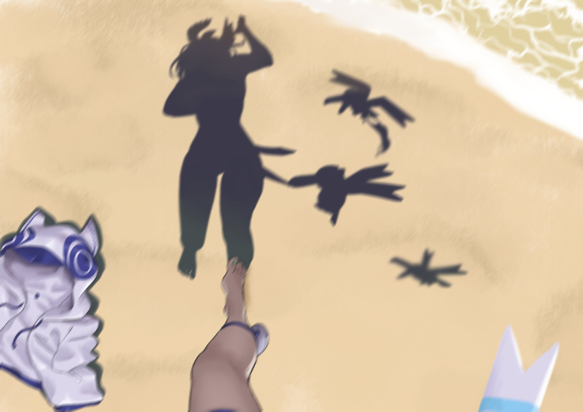 absurdres aqua_nails assisted_exposure barefoot beach bird_girl day dressed_shadow_(meme) english_commentary enna_alouette female female_pov head_wings highres hood hoodie implied_nudity long_hair meme momojii_e nail_polish nijisanji nijisanji_en out_of_frame outdoors pokemon pov sand shadow silhouette toenail_polish toenails twintails virtual_youtuber white_hoodie wings wingull