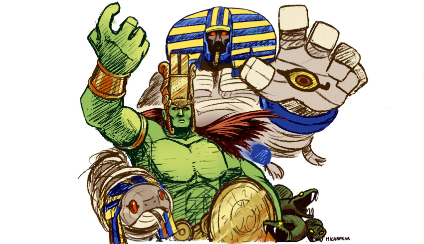 anakaris capcom darkstalkers demon duo eye_on_hand green_body green_skin headgear hi_res humanoid male michafrar mummy ogre_(tekken) pharaoh red_eyes reptile royalty scalie shield snake tekken undead wrapped_up