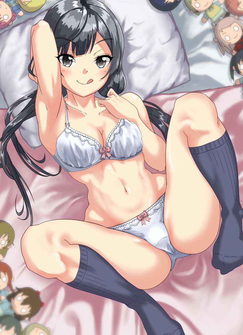 :q absurdres akiyama_(yehonatan) arm_up armpits black_eyes black_hair black_socks bow bow_bra bow_panties bra breasts cleavage closed_mouth commentary_request crotch_seam doll female from_above highres kneehighs knees_up licking_lips long_hair looking_at_viewer love_live! love_live!_nijigasaki_high_school_idol_club low_twintails lying medium_breasts navel on_back on_bed panties smile socks solo spread_legs tongue tongue_out twintails underwear underwear_only white_bra white_panties yuki_setsuna_(love_live!)