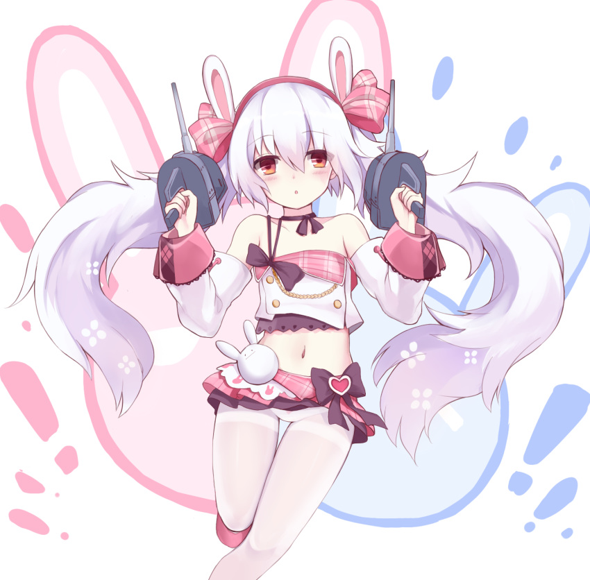 animal_ears azur_lane bare_shoulders blush breasts collarbone commentary ero_mang-a fake_animal_ears female grey_hair hair_between_eyes hair_ornament hairband highres laffey_(azur_lane) laffey_(bunny_idol_@unmotivated)_(azur_lane) long_hair long_sleeves looking_at_viewer official_alternate_costume pantyhose pleated_skirt rabbit_ears red_eyes red_skirt skirt solo twintails very_long_hair white_hair white_pantyhose