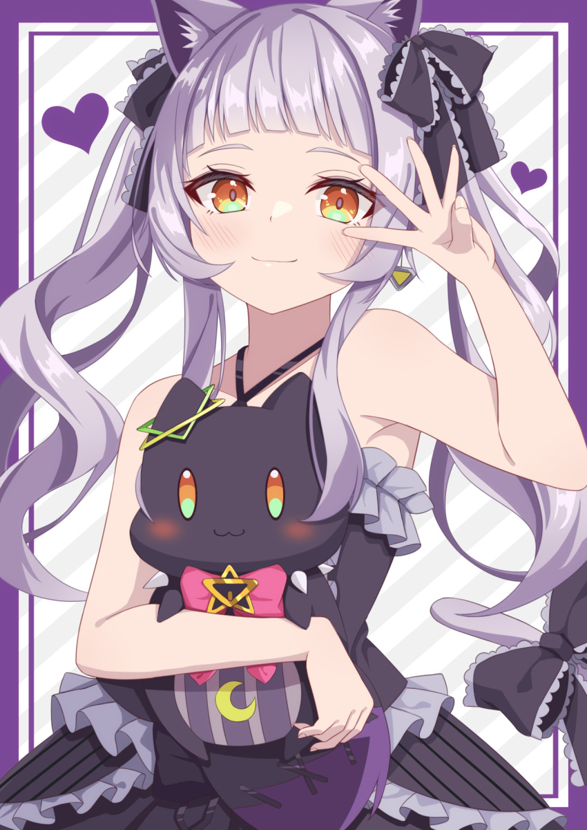 animal_ears bare_arms bare_shoulders black_dress black_ribbon blunt_bangs blush bow cat_ears cat_tail center_frills closed_mouth criss-cross_halter divergenceok dress female frilled_dress frilled_ribbon frills grey_hair hair_ribbon hairbow halter_dress halterneck hand_up heart highres holding hololive long_hair looking_at_viewer murasaki_shion murasaki_shion_(gothic_lolita) red_bow ribbon shiokko_(murasaki_shion) sidelocks sleeveless sleeveless_dress smile solo tail twintails two_side_up virtual_youtuber yellow_eyes