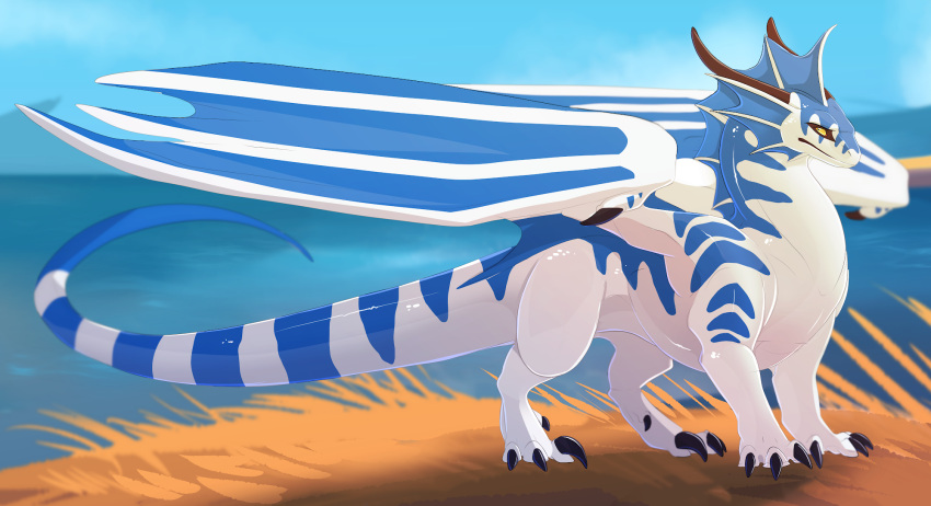 ambiguous_gender claws dinkysaurus dragon feral frill_(anatomy) hi_res kestenan membrane_(anatomy) membranous_wings mythological_creature mythological_scalie mythology scalie solo stripes tail wings