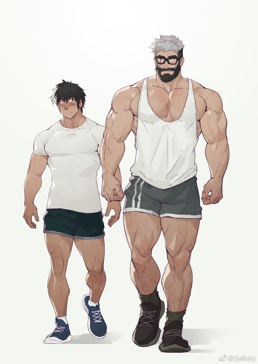 2boys arm_hair bara beard black-framed_eyewear black_shorts blush borrowed_character character_request chest_hair facial_hair full_body glasses grey_hair grey_shorts hairy hidden_hero_(o2h) highres large_pectorals leg_hair long_sideburns looking_at_another looking_to_the_side male_focus mature_male moustache multicolored_hair multiple_boys muscular muscular_male old old_man original pectorals selkiro shoes short_hair shorts shy sideburns sneakers tank_top thick_eyebrows thick_mustache thighs two-tone_hair veins veiny_arms walking white_tank_top yaoi