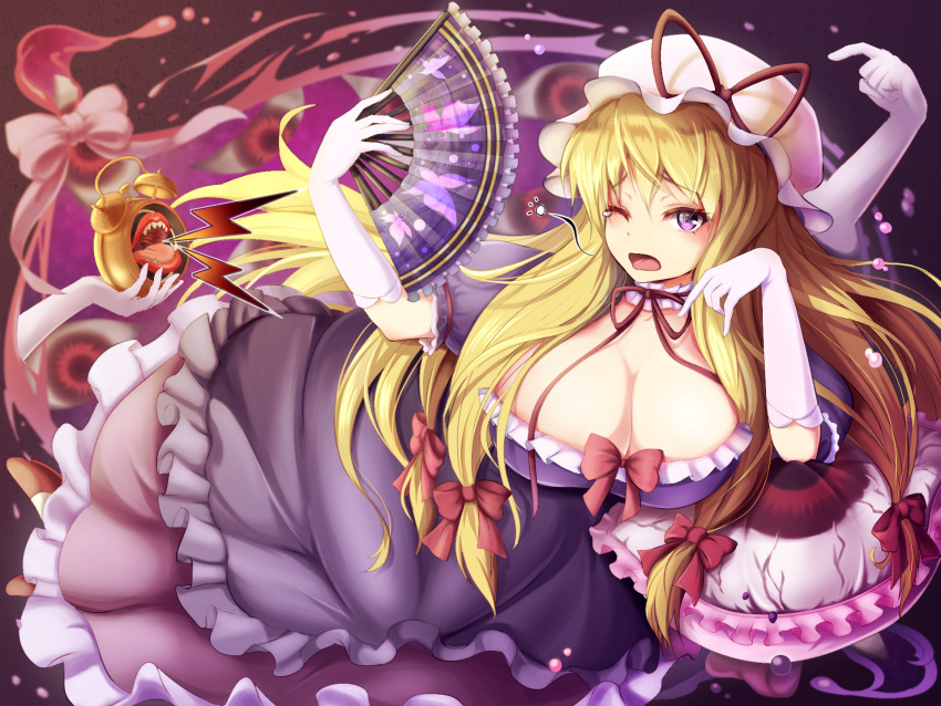 alarm_clock blonde_hair bow breasts choker cleavage clock commentary_request disembodied_hand dress dress_bow elbow_gloves female gap_(touhou) gloves hairbow hand_fan hat hat_ribbon highres holding holding_fan huge_breasts long_hair looking_at_viewer lying mob_cap monneko multiple_hair_bows neck_ribbon on_side one_eye_closed open_mouth pillow purple_dress purple_eyes ribbon solo squeans tears touhou waking_up white_gloves yakumo_yukari yawning