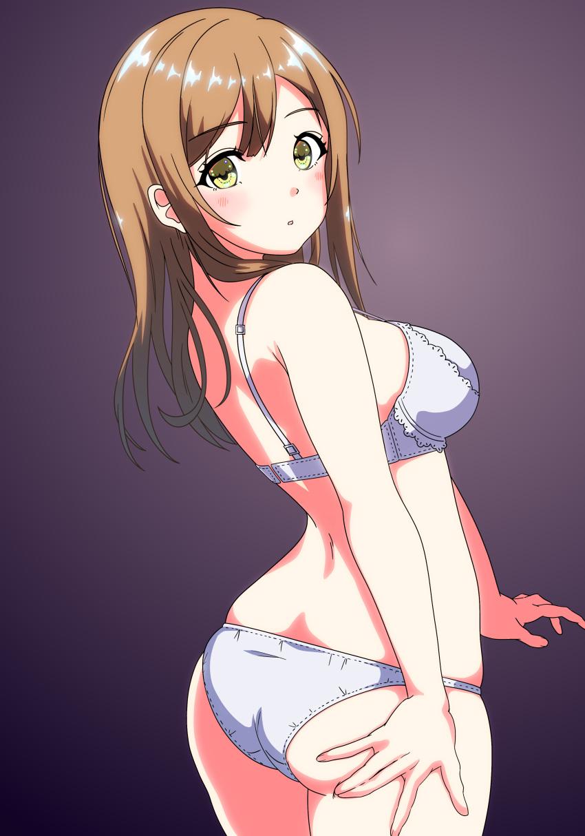 absurdres akiyama_(yehonatan) ass back blue_bra blue_panties bra breasts brown_hair commentary_request commission cowboy_shot female from_behind highres kunikida_hanamaru light_blush long_hair looking_at_viewer looking_back love_live! love_live!_sunshine!! medium_breasts panties parted_lips skeb_commission solo standing underwear underwear_only yellow_eyes