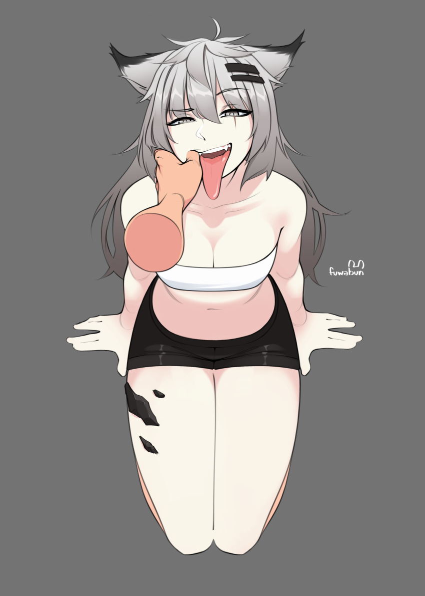 1boy absurdres animal_ears arknights bandeau commentary crop_top english_commentary fangs female finger_in_another's_mouth grey_background grey_eyes grey_hair hair_ornament hairclip hands_on_ground highres imminent_fellatio kijikoru kneeling lappland_(arknights) legs_together material_growth midriff navel open_mouth oripathy_lesion_(arknights) scar scar_across_eye scar_on_face short_shorts shorts signature solo_focus spread_fingers straight strapless tongue tongue_out tube_top wolf_ears