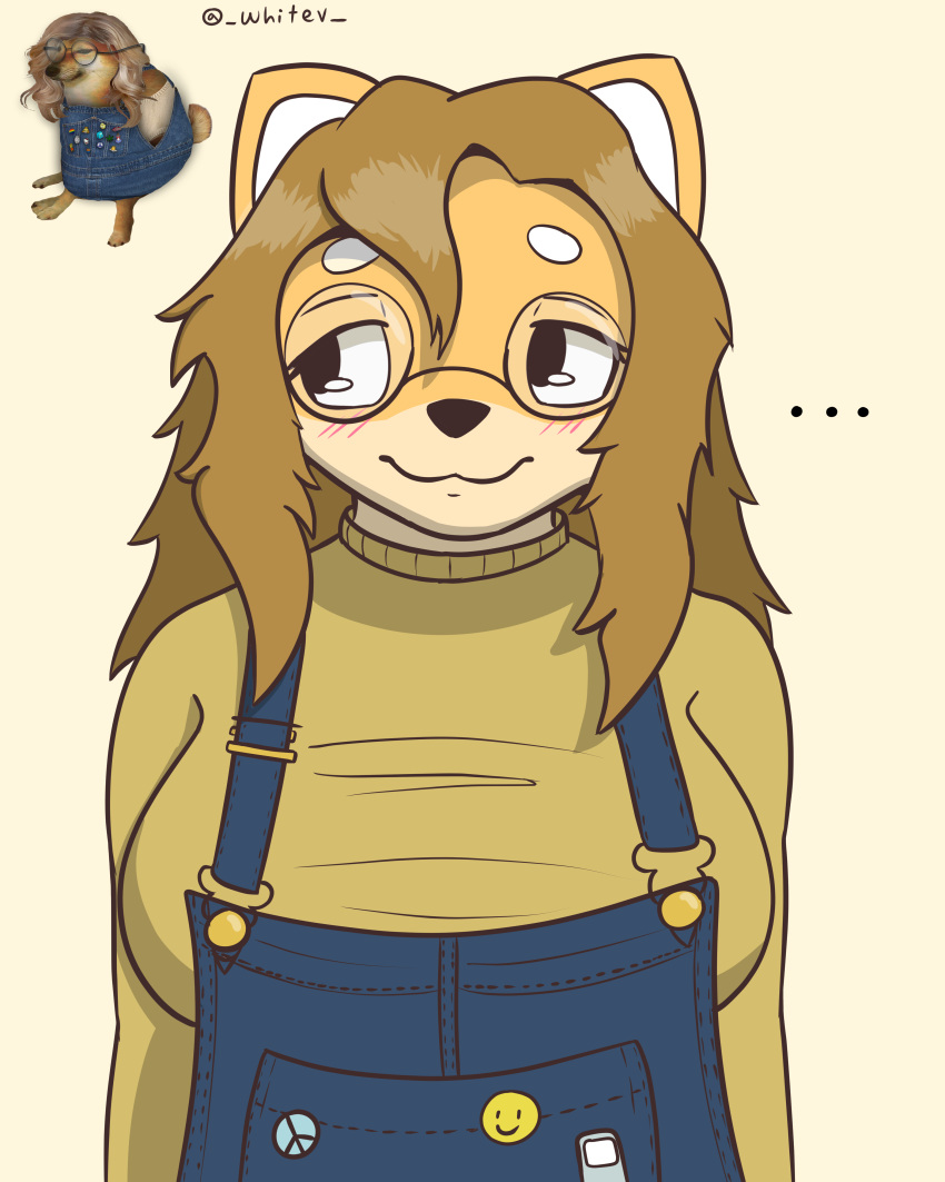 2021 4:5 absurd_res anthro big_breasts blush breasts brown_hair canid canine canis cheems clothed clothing conditional_dnp denim denim_clothing dogelore domestic_dog ellipsis eyewear female fur glasses hair hi_res looking_aside mammal multicolored_body multicolored_fur overalls shiba_inu simple_background solo spitz sweater topwear two_tone_body two_tone_fur whitev yellow_clothing