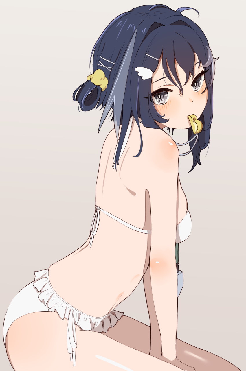 absurdres arknights bare_arms bare_shoulders bikini binware black_hair blush breasts bright_pupils brown_eyes female frilled_bikini frills from_side grey_background grey_hair hair_ornament hair_rings hair_scrunchie hairclip highres la_pluma_(arknights) la_pluma_(summer_flowers)_(arknights) leaning_forward looking_at_viewer looking_to_the_side mouth_hold multicolored_hair official_alternate_costume scrunchie sideboob simple_background sitting small_breasts solo swimsuit two-tone_hair whistle whistle_around_neck white_bikini x_hair_ornament