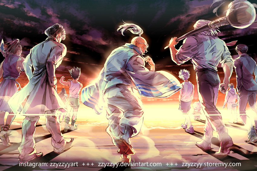 6+boys beard belt biceps black_hair black_pants boots clenched_hand cloud cloudy_sky commentary deviantart_username english_commentary facial_hair facing_away female flexing formal from_behind gakuran geta gon_freecss green_footwear green_shorts grey_shirt hands_in_pockets hat hunter_x_hunter ikalgo instagram_username isaac_netero killua_zoldyck kiseru knit_hat knov knuckle_bine long_hair long_sleeves looking_at_viewer looking_back meleoron messy_hair morel_mackernasey moustache multiple_boys necktie old old_man outdoors palm_siberia pants ponytail pose purple_footwear purple_shorts red_necktie school_uniform shirt shirt_tucked_in shoes shoot_mcmahon short_hair shorts sky sleeveless sleeves_rolled_up smoke smoking_pipe spiked_hair suit sunlight tail tank_top topknot twilight walking watermark web_address white_hair white_headwear white_pants white_tank_top zzyzzyy