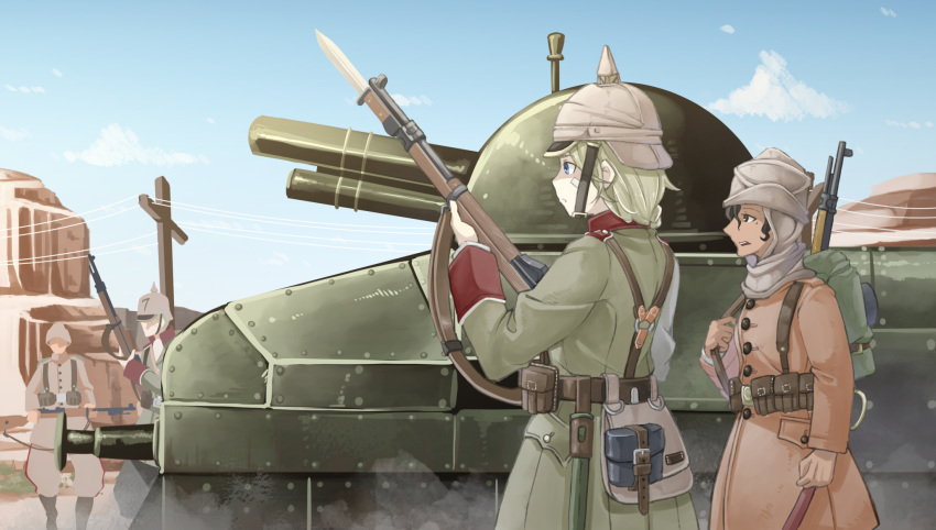 2boys 2girls ammunition_pouch backpack bag bandage_on_face bandages bayonet black_hair blonde_hair blue_eyes blurry bolt_action boots brown_eyes cloud coat commentary_request dark_skin depth_of_field gun gun_sling hat helmet highres hill ikeshiki-chuujou load_bearing_equipment mauser_98 mess_kit military military_uniform military_vehicle mole mole_under_eye motor_vehicle multiple_boys multiple_girls open_mouth original ottoman_empire outdoors pickelhaube pouch power_lines profile rifle sky soldier tank trench_coat uniform utility_pole weapon world_war_i