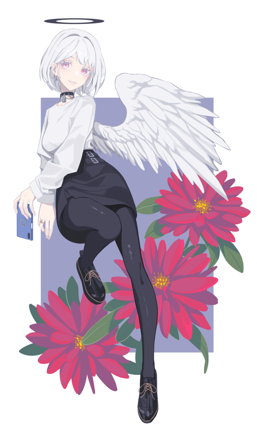 absurdres albino angel angel_wings black_skirt cellphone chains choker ear_piercing earrings feathered_wings female flower halo highres holding holding_phone jewelry lock looking_at_viewer original padlock pale_skin pantyhose parted_lips pencil_skirt phone piercing pink_eyes ring shirt shoes single_wing skirt smartphone solo tsuki-shigure white_background white_hair white_shirt wings