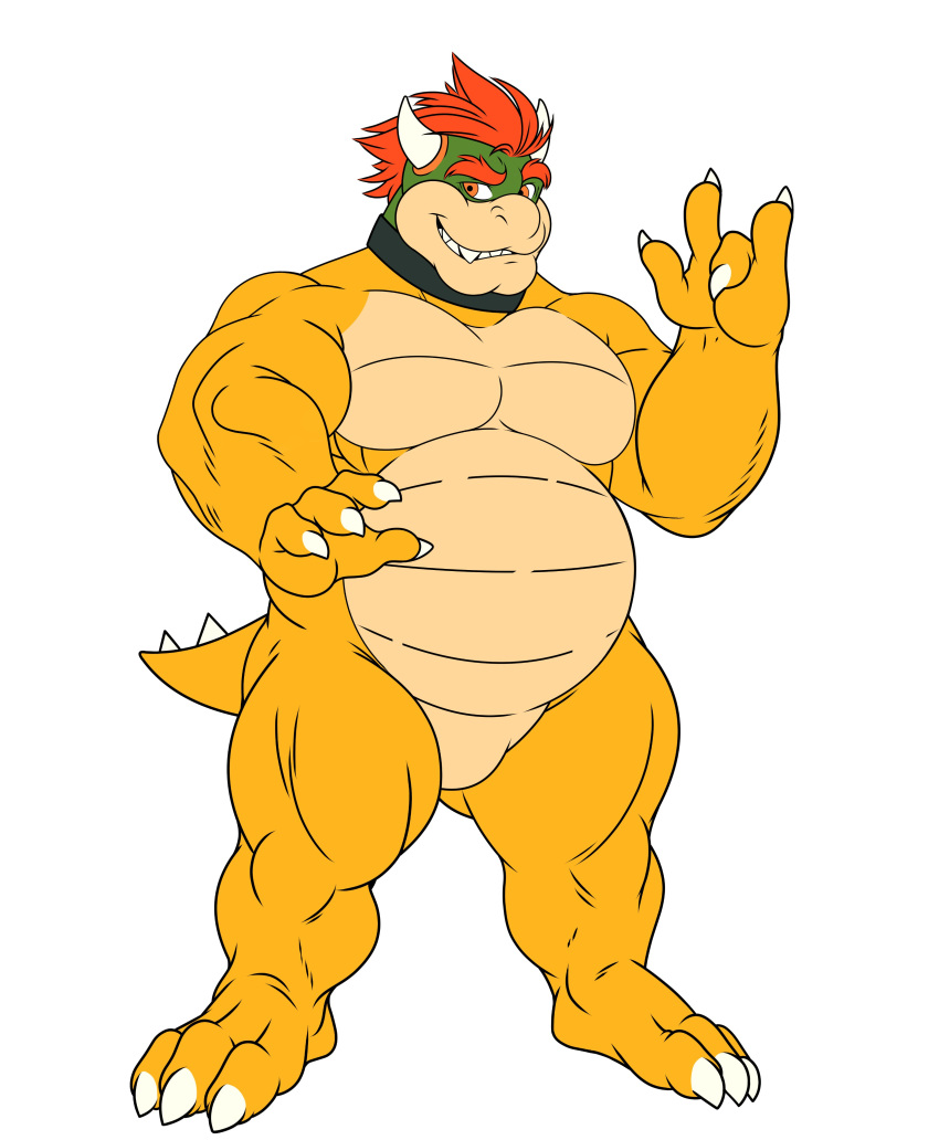 3_toes 4_fingers absurd_res amber_eyes anonymous_artist anthro black_collar bowser bowser_day claws collar collar_only eyebrows featureless_crotch feet fingers grin hair hi_res horn koopa looking_at_viewer male mario_bros nintendo nude red_hair scalie shell-less simple_background smile smiling_at_viewer solo thick_eyebrows toes white_background yellow_body