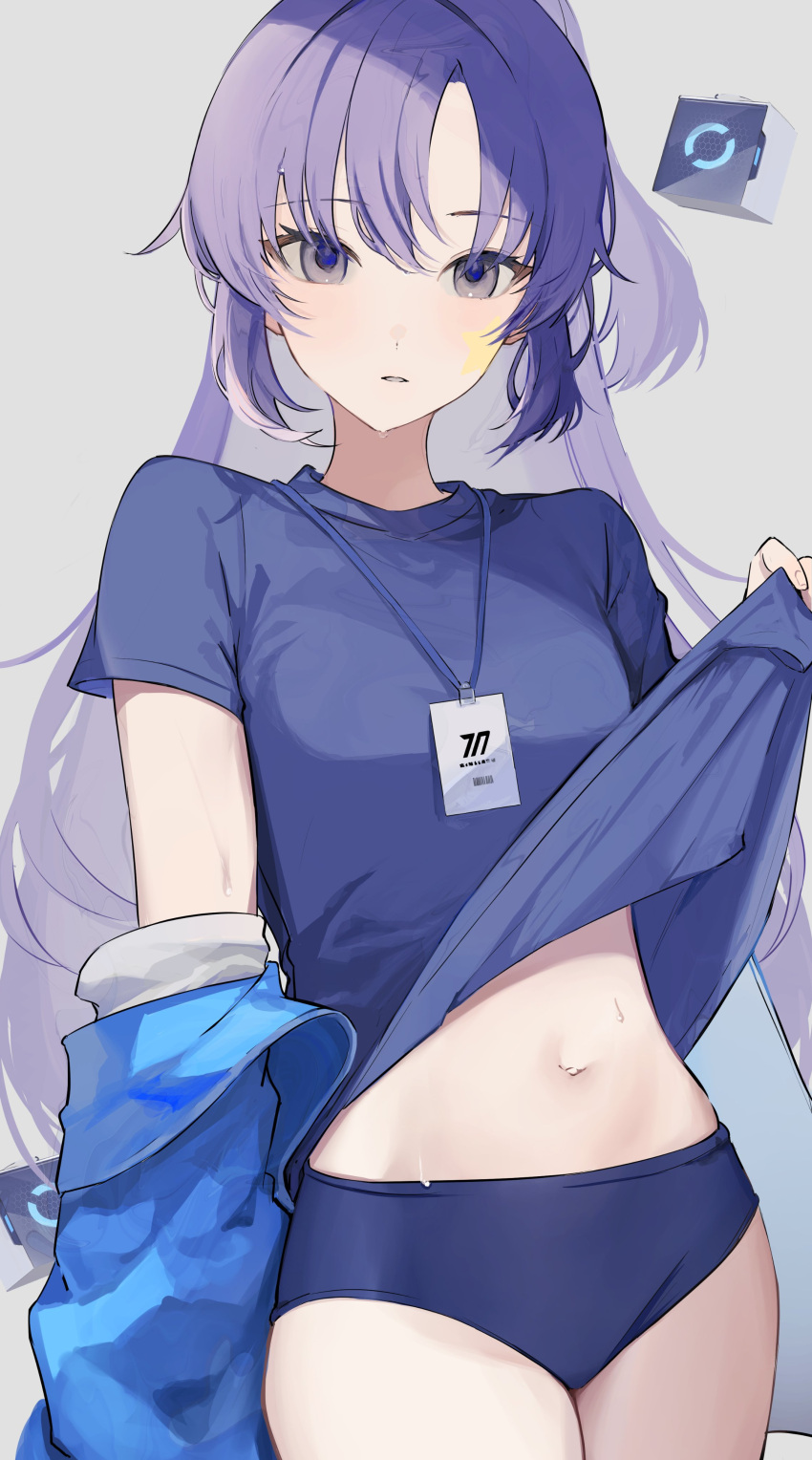 absurdres blue_archive blue_buruma blue_jacket blue_shirt breasts buruma clothes_lift drone female gym_shirt gym_uniform halo highres id_card jacket jacket_partially_removed lanyard long_hair looking_at_viewer midriff navel official_alternate_costume oniku_(oishii_oniku) ponytail purple_eyes purple_hair shirt shirt_lift short_sleeves simple_background solo star_(symbol) star_sticker sticker sticker_on_face sweat track_jacket yuuka_(blue_archive) yuuka_(track)_(blue_archive)