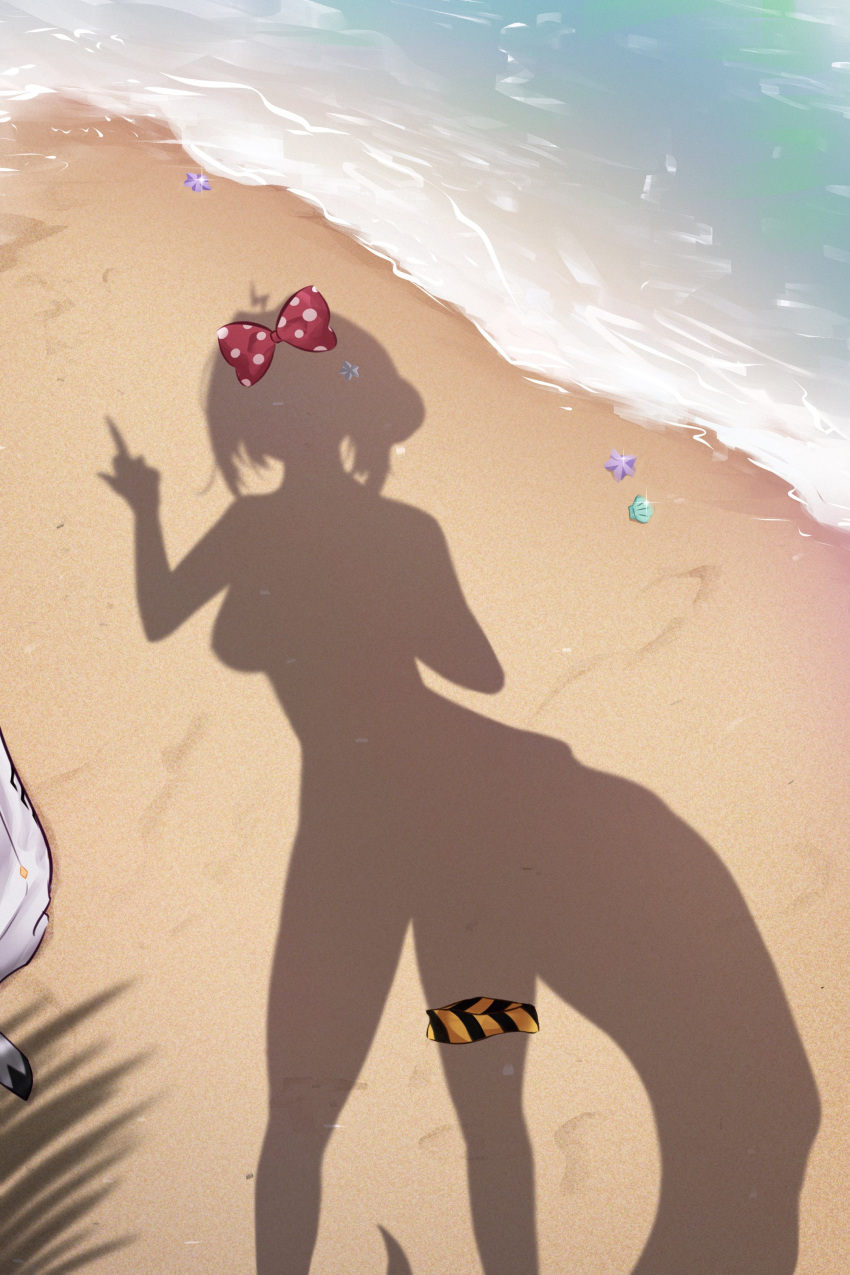 absurdres beach bow breasts clam clam_shell day dressed_shadow_(meme) eel_girl female female_pov fins fish_tail highres idol_corp implied_nudity juna_unagi large_breasts lightning_ahoge long_hair meme middle_finger ocean out_of_frame outdoors polka_dot polka_dot_bow pov red_bow sand seashell shadow shell silhouette starfish tail thigh_strap thinkuwu unworn_bow virtual_youtuber