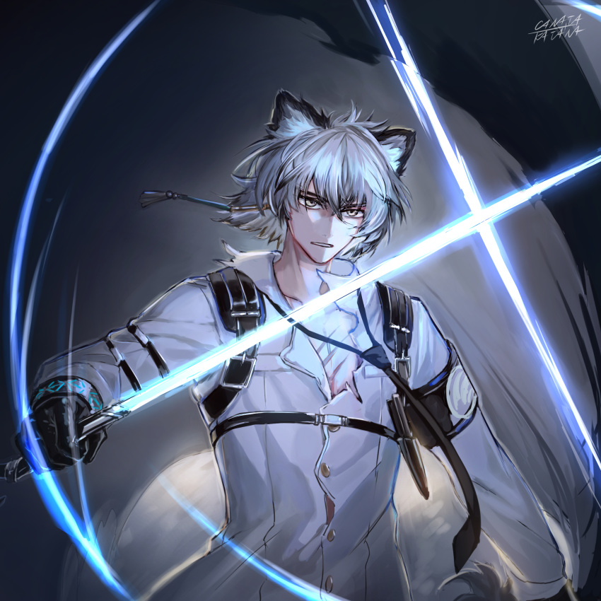 1boy animal_ears arknights armband artist_name black_gloves canata_katana clenched_teeth commentary_request energy_sword gloves grey_background grey_eyes grey_hair hair_between_eyes highres holding holding_sword holding_weapon leopard_boy leopard_ears lightsaber long_sleeves male_focus scar shirt signature silverash_(arknights) silverash_(elite_ii)_(arknights) sword teeth upper_body weapon white_shirt