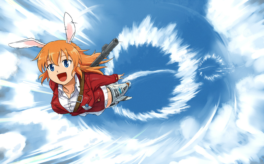 animal_ears blue_eyes charlotte_e._yeager cloud commentary_request contrail day female flying gun long_hair open_mouth orange_hair outdoors rabbit_ears rabbit_girl shibasaki_shouji sky smile solo sonic_boom_(speed) strike_witches striker_unit uniform weapon world_witches_series