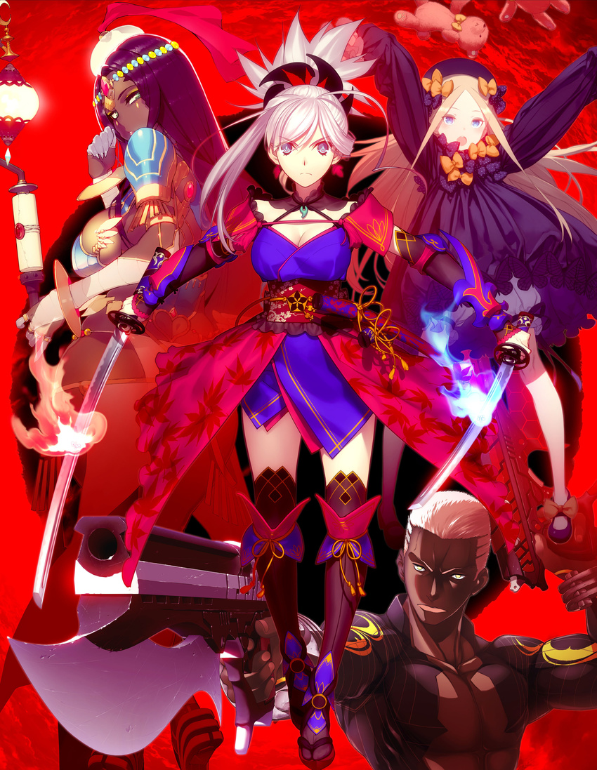 caster_of_the_nocturnal_castle cleavage emiya_alter fate/grand_order koyama_hirokazu kuroboshi_kouhaku miyamoto_musashi_(fate/grand_order) namaniku_atk sasaki_shounen sword thighhighs type-moon