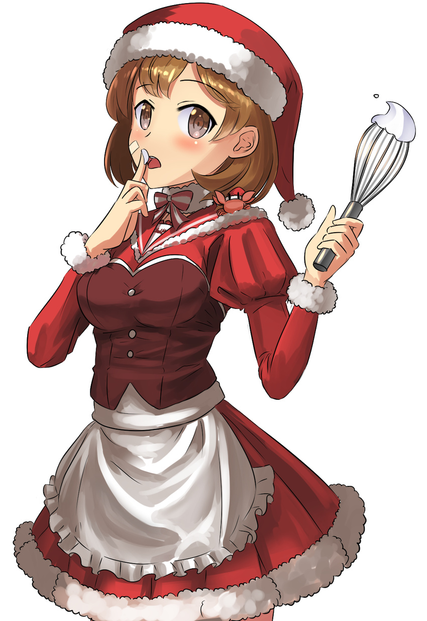 animal animal_on_shoulder ao_iro apron bandaid bandaid_on_face blush bodice breasts brown_eyes brown_hair commentary_request crab dress female fur_trim hat highres juliet_sleeves kantai_collection large_breasts licking licking_finger long_sleeves looking_at_viewer oboro_(kancolle) open_mouth puffy_sleeves red_bodice red_dress sailor_collar santa_costume santa_hat short_hair solo waist_apron whisk