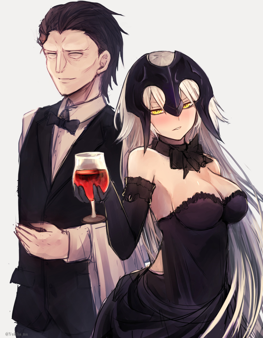 1boy alcohol bad_id bad_pixiv_id bare_shoulders black_dress black_gloves black_hair blonde_hair blush bow bowtie breasts choker cleavage closed_eyes cup dress drinking_glass drunk elbow_gloves fate/grand_order fate/zero fate_(series) female gilles_de_rais_(caster)_(fate) gilles_de_rais_(caster)_(holy_night_supper)_(fate) gloves half-closed_eyes headpiece highres holding holding_cup jeanne_d'arc_alter_(fate) jeanne_d'arc_alter_(holy_night_supper)_(fate) large_breasts long_hair long_sleeves looking_at_viewer official_alternate_costume parted_lips simple_background sleeveless sleeveless_dress smile twitter_username upper_body very_long_hair vest white_background wine wine_glass wing_collar yellow_eyes yukihama