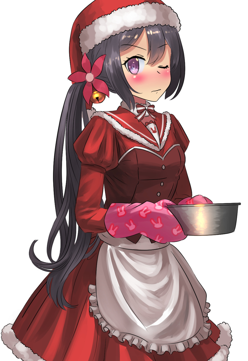 akebono_(kancolle) ao_iro apron bell blush bodice breasts commentary_request female flower fur_trim hair_bell hair_flower hair_ornament hat highres jingle_bell juliet_sleeves kantai_collection long_hair long_sleeves looking_at_viewer one_eye_closed oven_mitts pot puffy_sleeves purple_eyes purple_hair red_bodice sailor_collar santa_costume santa_hat side_ponytail small_breasts solo very_long_hair waist_apron wince