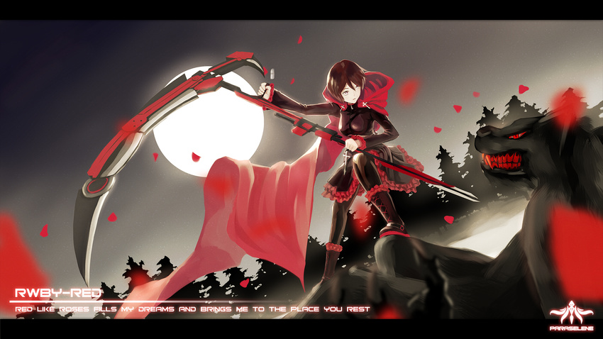 beowolf boots brown_hair cape character_name commentary_request copyright_name crescent_rose cross english_text female forest full_moon grimm_(rwby) highres letterboxed lyrics monster moon nature pantyhose petals photoshop_(medium) red_eyes rose_petals ruby_rose rwby scythe shell_casing short_hair skirt thtc12345_(artist) tree weapon wolf