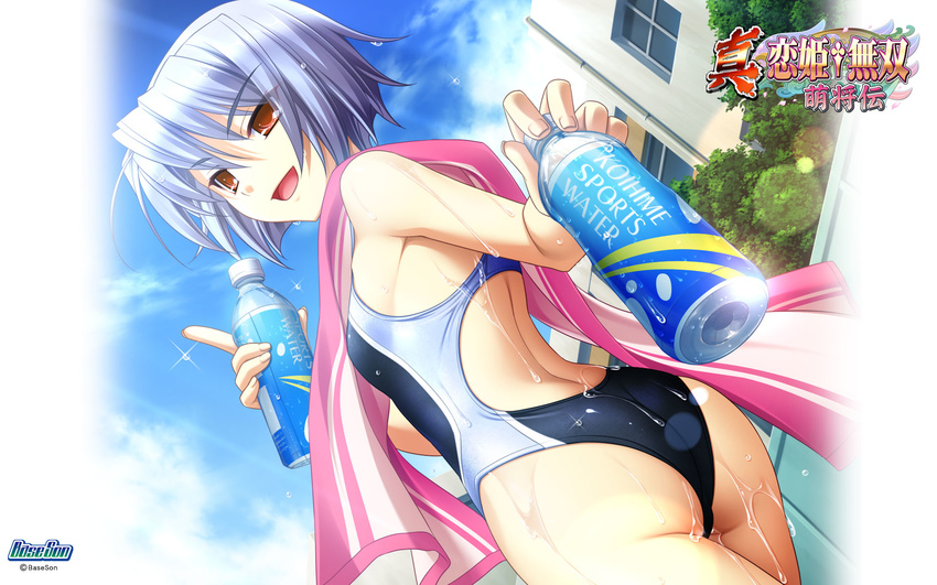 ass blue_hair bottle competition_swimsuit copyright_name female from_below highres kayuu koihime_musou looking_back official_art one-piece_swimsuit red_eyes saeki_hokuto short_hair solo swimsuit towel water_bottle watermark wet