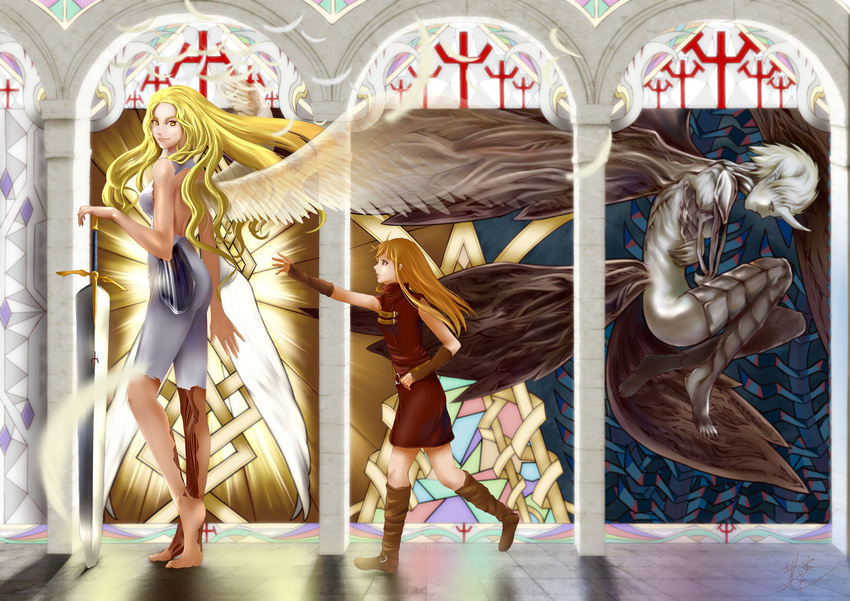 3girls absurdres awakened_being_(claymore) barefoot blonde_hair boots clare_(claymore) claws claymore_(series) commentary_request highres horns long_hair monster multiple_girls priscilla_(claymore) single_horn sword teresa_(claymore) tianmi_de_siwang_ba weapon wings yellow_eyes