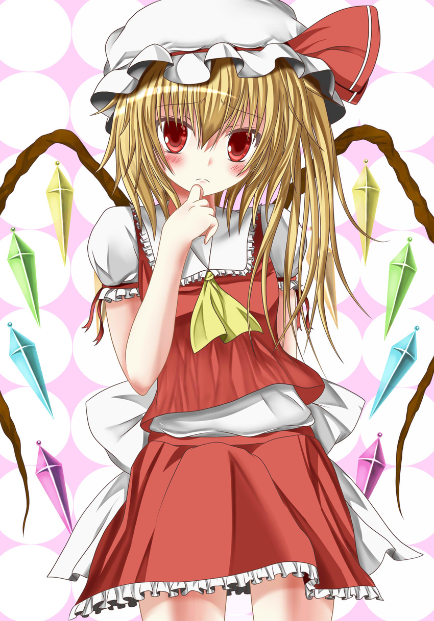 ascot bad_id bad_pixiv_id blonde_hair blush female flandre_scarlet frills hat hat_ribbon highres kisara_mikami red_eyes ribbon short_hair side_ponytail skirt skirt_set solo touhou wings