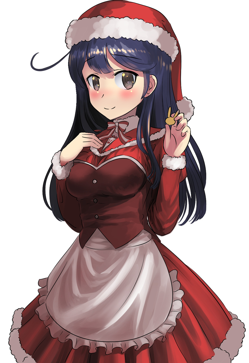 ao_iro apron black_hair blush bodice commentary_request female fur_trim grey_eyes hand_on_own_chest hat highres juliet_sleeves kantai_collection long_hair long_sleeves looking_at_viewer puffy_sleeves red_bodice sailor_collar santa_costume santa_hat smile solo ushio_(kancolle) waist_apron