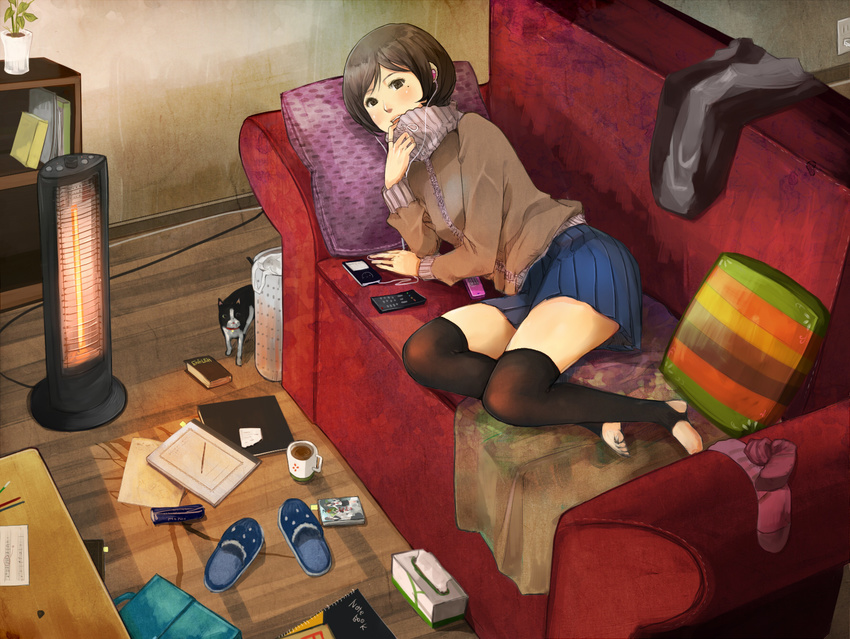 black_thighhighs blush book bookshelf brown_eyes brown_hair commentary_request couch cup digital_media_player earphones feline female heater highres indoors ipod living_room lying mole mole_under_eye notebook on_side open_mouth original pen pencil pencil_case pillow plant potted_plant school_uniform shigureteki short_hair skirt slippers solo stirrup_legwear table thighhighs tissue tissue_box toeless_legwear trash_can turtleneck