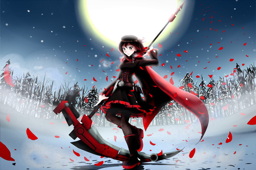 boots brown_hair cape crescent_rose_(weapon) flowers montyoum moon night petals rose ruby rwby scythe skirt weapon winter