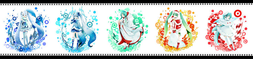 5girls absurdres aqua_eyes aqua_hair bati15 blue_eyes blue_hair boots commentary_request detached_sleeves earmuffs green_hair hair_ornament hat hatsune_miku headphones heart highres hood japanese_clothes kimono knee_boots letterboxed long_hair microphone mittens multiple_girls necktie one_eye_closed open_mouth sack santa_costume santa_hat scarf skirt snowflakes star_(symbol) thigh_boots thigh_strap thighhighs twintails uchikake very_long_hair vocaloid wataboushi wide_image wings yuki_miku yuki_miku_(2011) yuki_miku_(2012) yuki_miku_(2013)