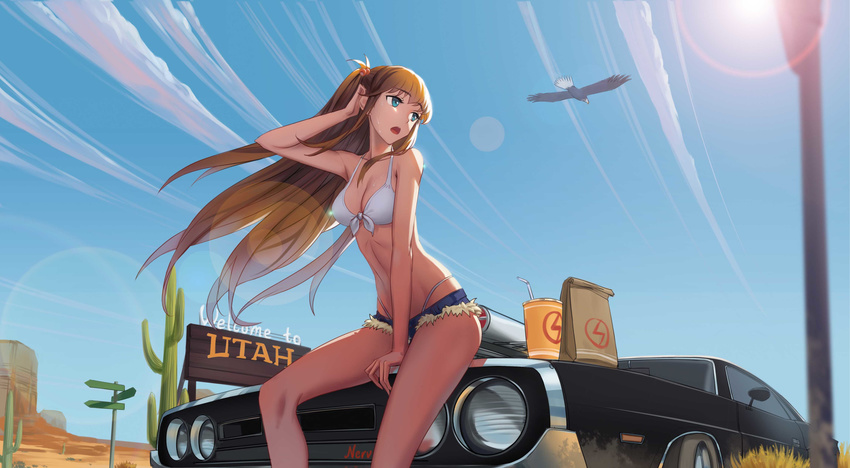 absurdres bad_id bad_pixiv_id bare_arms bare_legs bare_shoulders bikini bikini_top_only bird blue_eyes blue_sky breasts brown_hair cactus car cleavage cloud cutoffs day denim denim_shorts desert dodge_(company) dodge_challenger dodge_challenger_(1st_generation) female floating_hair front-tie_top green_eyes hair_ornament highres jpeg_artifacts lens_flare long_hair long_legs looking_away medium_breasts motor_vehicle mountain muscle_car neon_genesis_evangelion nuwangyang_(930426) on_vehicle open_mouth outdoors photoshop_(medium) pose road_sign short_shorts shorts sign sitting sky solo souryuu_asuka_langley stomach sun sweat swimsuit turning_head united_states utah