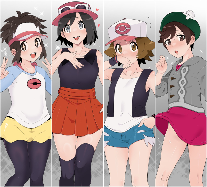 4boys baseball_cap black_leggings black_pantyhose black_vest black_wristband blush cable_knit calem_(pokemon) cardigan cosplay crossdressing cutoffs denim denim_shorts dress embarrassed exposed_pocket eyewear_on_headwear gloria_(pokemon) gloria_(pokemon)_(cosplay) green_hat grey_cardigan grey_eyes hat heart highres hilbert_(pokemon) hilda_(pokemon) hilda_(pokemon)_(cosplay) hood hooded_cardigan leggings male_focus multiple_boys nate_(pokemon) open_mouth otoko_no_ko pantyhose pantyhose_under_shorts pink_dress poke_ball poke_ball_print pokemon pokemon_bw pokemon_bw2 pokemon_masters_ex pokemon_xy raglan_sleeves red_skirt rosa_(pokemon) rosa_(pokemon)_(cosplay) sana_(37pisana) serena_(pokemon) serena_(pokemon)_(cosplay) shirt shorts single-shoulder_dress skirt sleeveless sleeveless_duster sleeveless_shirt smile sparkle sparkle_background sparkling_eyes sunglasses sweat thighhighs vest victor_(pokemon) visor_cap white-framed_eyewear white_shirt wristband yellow_shorts