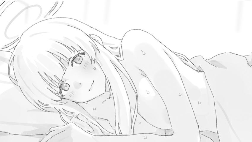 bed_sheet blue_archive blush convenient_arm female greyscale halo highres light_smile long_hair looking_at_viewer lying mikazuchi_zeus monochrome naked_sheet noa_(blue_archive) nude on_side solo sweat under_covers upper_body