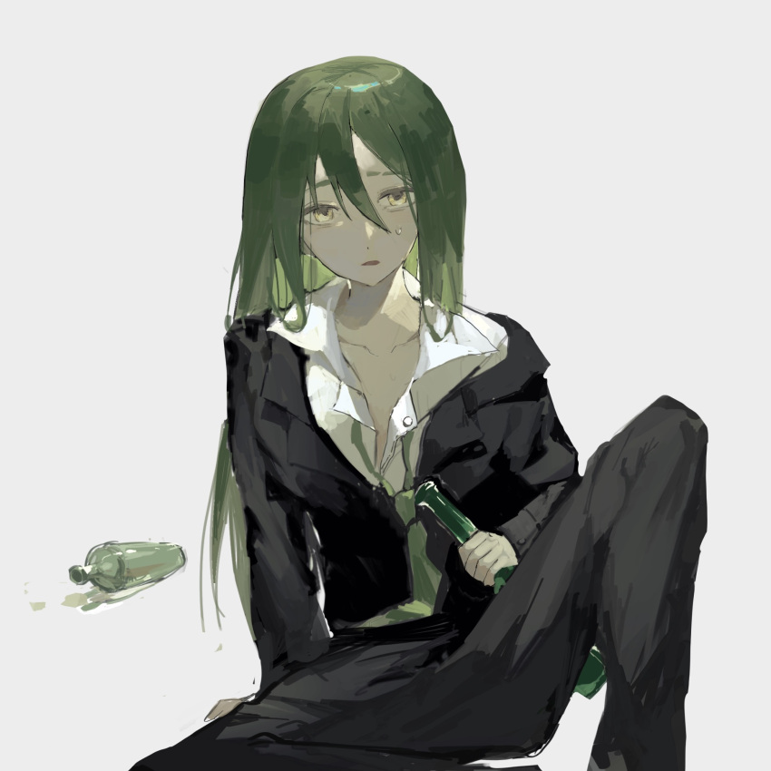 1boy beer_bottle black_jacket black_pants bottle chinese_commentary collarbone commentary_request eyebrow_cut green_hair green_necktie grey_background hair_between_eyes highres holding holding_bottle jacket lobotomy_corporation long_hair long_sleeves male_focus necktie netzach_(project_moon) open_clothes open_collar open_jacket open_mouth pants project_moon shirt simple_background sitting solo sweat unkempt vihua6 white_shirt yellow_eyes