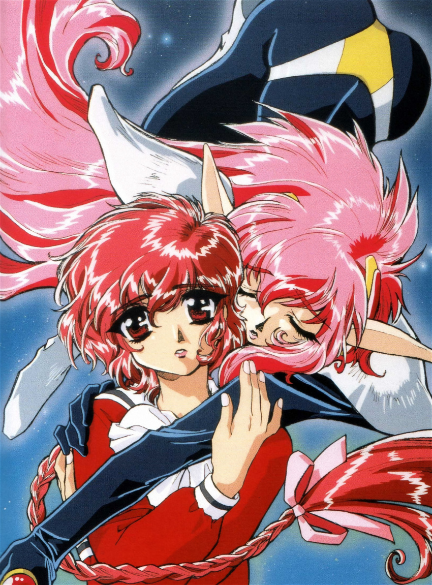 1990s_(style) 2girls blue_background bodysuit bow closed_eyes cover dvd_cover fiery_hair fingernails hairbow hand_on_another's_shoulder highres hug long_hair magic_knight_rayearth multiple_girls nova_(rayearth) official_art pale_skin pink_hair pointy_ears red_eyes red_hair retro_artstyle sad scan shidou_hikaru very_long_hair yuri