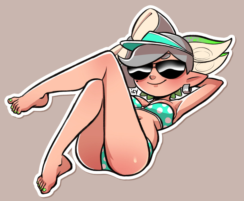 absurdres arm_behind_head barefoot bikini breasts commentary crossed_legs english_commentary eyebrows_hidden_by_hair feet female full_body green_nails grey_hair highres inkling iseenudepeople marie_(splatoon) medium_breasts mole mole_under_eye nail_polish navel pointy_ears polka_dot polka_dot_bikini smile solo splatoon_(series) splatoon_1 sticker_(medium) strapless strapless_bikini sunglasses swimsuit tentacle_hair thick_eyebrows toenail_polish toenails toes visor_cap