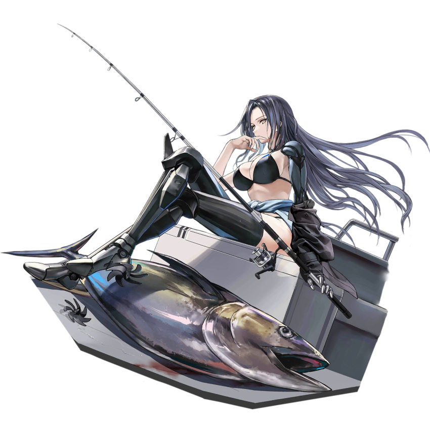 ar-18_(fishing_lure)_(girls'_frontline) ar-18_(girls'_frontline) bikini black_bikini black_hair blue_shirt breasts character_name cleavage closed_mouth clothes_around_waist coat copyright_name female fish fishing_rod full_body girls'_frontline grey_coat highres holding kisetsu large_breasts long_hair looking_at_viewer mechanical_arms mechanical_legs navel official_alternate_costume official_art shirt shirt_around_waist simple_background single_mechanical_arm sitting solo swimsuit third-party_source transparent_background very_long_hair yellow_eyes