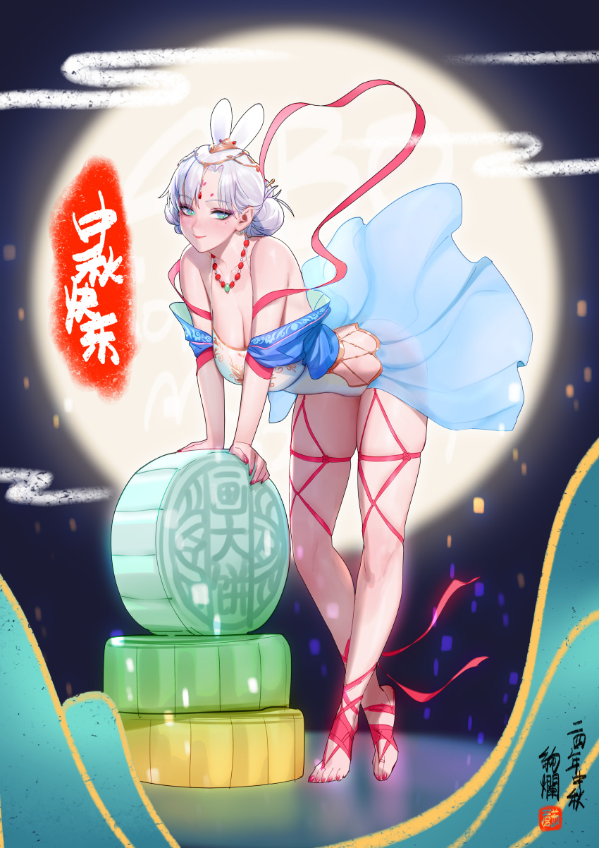 2024 absurdres aibo_(robot) bikini blue_eyes breasts chang'e chang'e_(cosplay) chinese_clothes chinese_text cleavage cosplay female gorgeous_mushroom hagoromo hair_bun highres jewelry large_breasts looking_at_viewer mid-autumn_festival moon mooncake necklace original ribbon shawl smile solo swimsuit toes veil white_hair